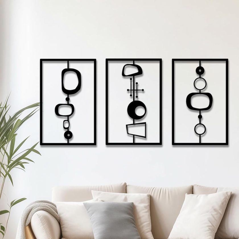 3Pcs Black Abstract Metal Wall Art, Modern Geometric Decor Hanging, 3D Textured Metal Wall Sculptures, for Living Room Bedroom Bathroom Study Room