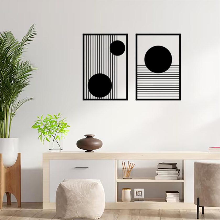 Large 2 Pcs Abstract Metal Wall Art,Black Modern Geometric Wall Decor Hanging,Minimalist Single Line Art Wall Décor Sculptures, Living Room Bedroom Bathroom Office Farmhouse Decoration - Image 2