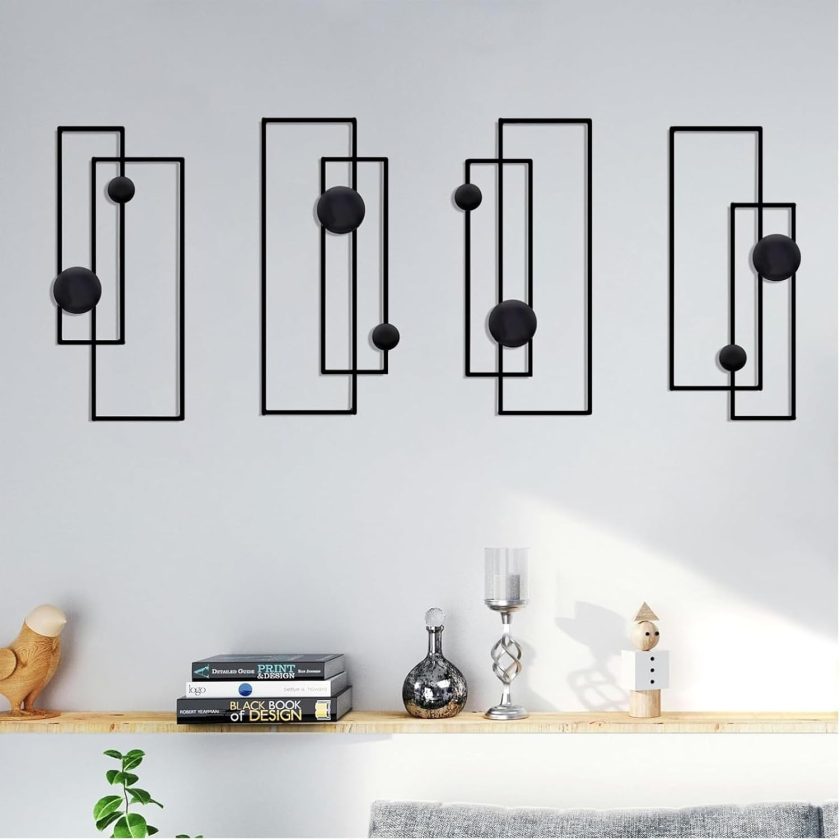 4 Pcs Black Abstract Metal Wall Art, 17" Vertical Minimalist Wall Décor Single Line Art for Wall, 3D Iron Wall Sculptures, Modern Geometric Home Decor Hanging for Living Room Bedroom Bathroom