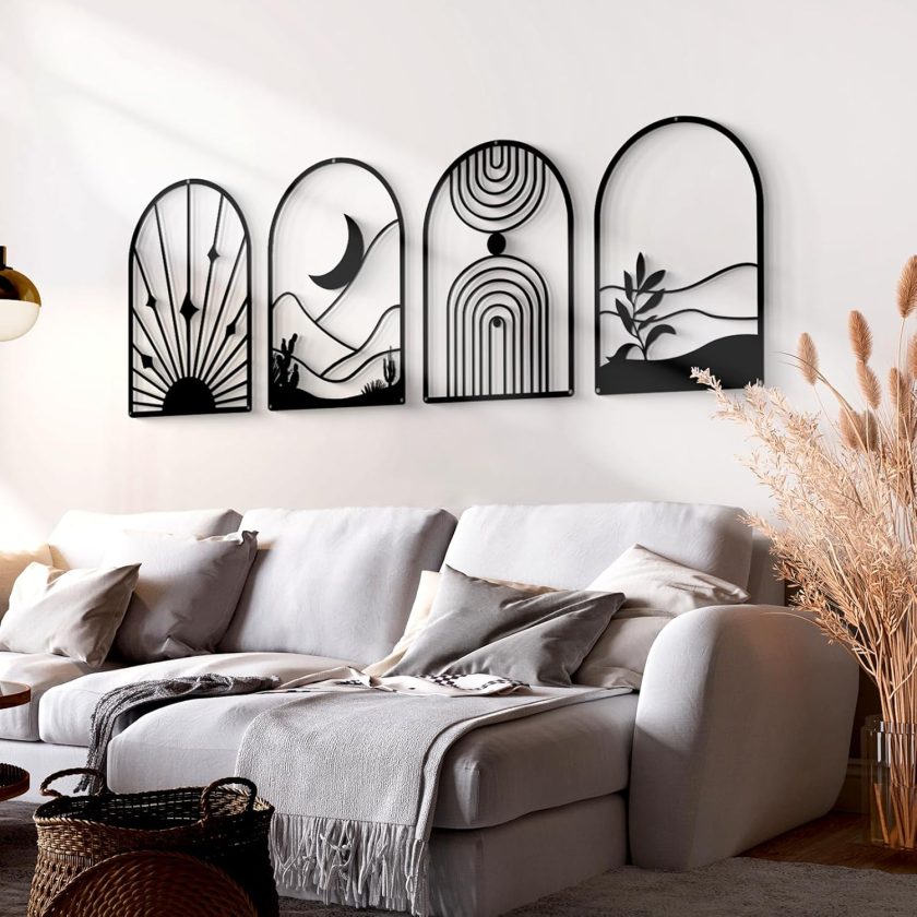 4 Pack Black Abstract Metal Wall Art, Minimalist Décor Single Line Art Wall Décor, 3D Textured Metal Wall Sculptures, for Living Room Bedroom Bathroom Study Room (Black Boho, M Size 17 x 12'') - Image 2
