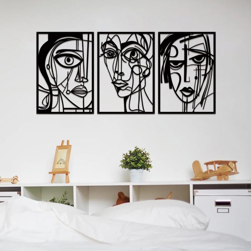 3 Pieces Abstract Human Face Metal Wall Decor, Modern Minimalist Single Line Geometric Hanging Wall Art, Black Metal Wall Sculptures for Home Living Room Bedroom Bathroom Kitchen 37x15.7 IN - Image 2