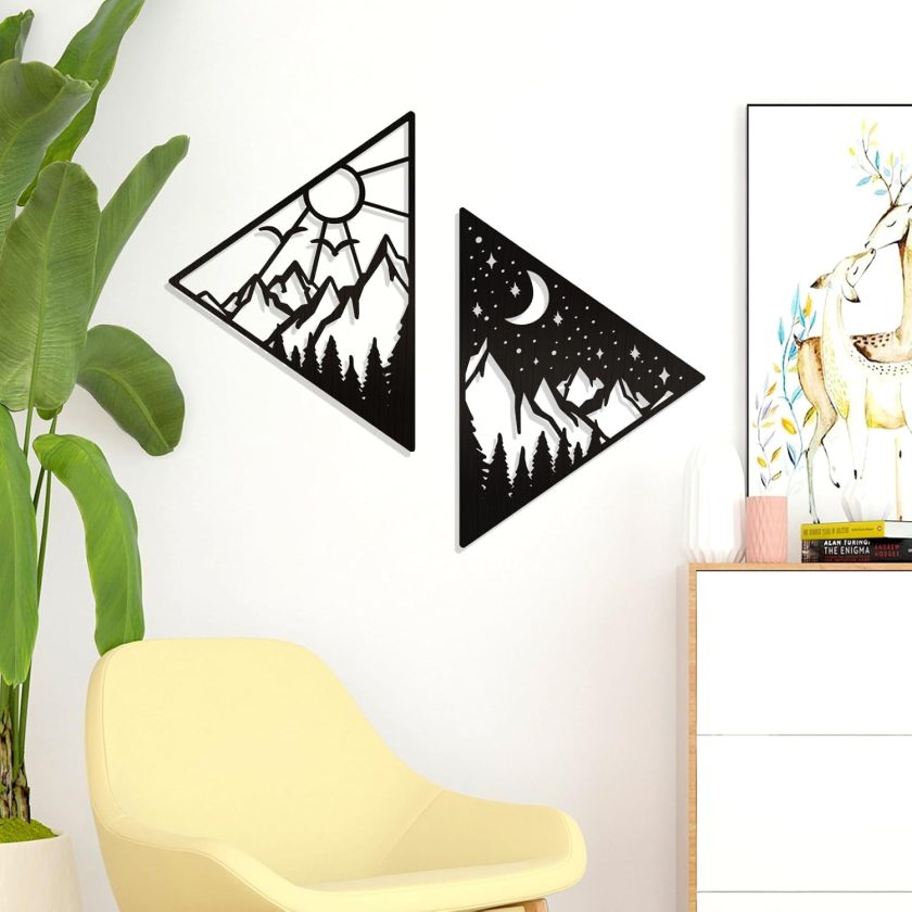 2 PCS Sun and Moon Wall Art Natural Wall Decor Day and Night Wall Decor Mountain and Forest Wall Hanging Decor Farmhouse Wall Sculpture for Living Room Bedroom Kitchen (Farmhouse, triangle) - Image 2