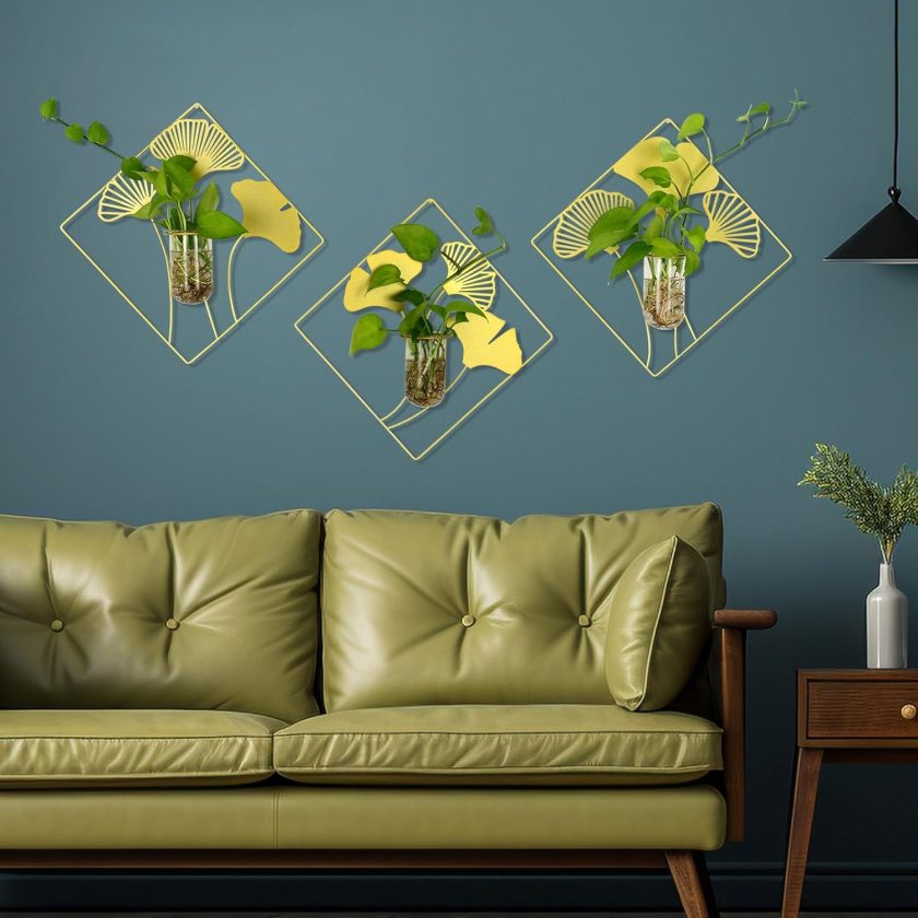 3 PCS Gold Wall Decor Geometric Metal Wall Art Metal Hanging Vase Decor Hanging Plant Wall Planter Propagation Glass Tube for Flowers (3, Gold)
