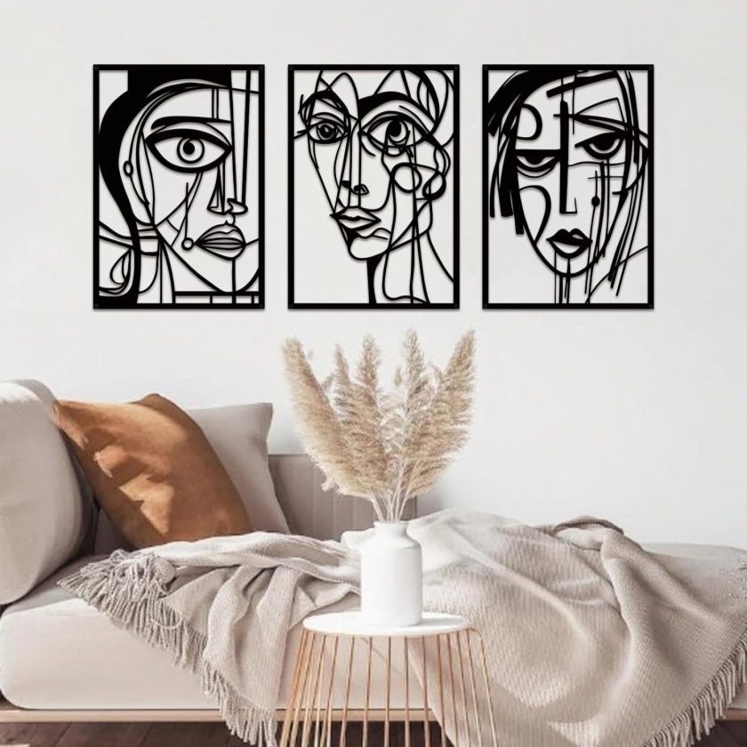 3 Pieces Abstract Human Face Metal Wall Decor, Modern Minimalist Single Line Geometric Hanging Wall Art, Black Metal Wall Sculptures for Home Living Room Bedroom Bathroom Kitchen 37x15.7 IN