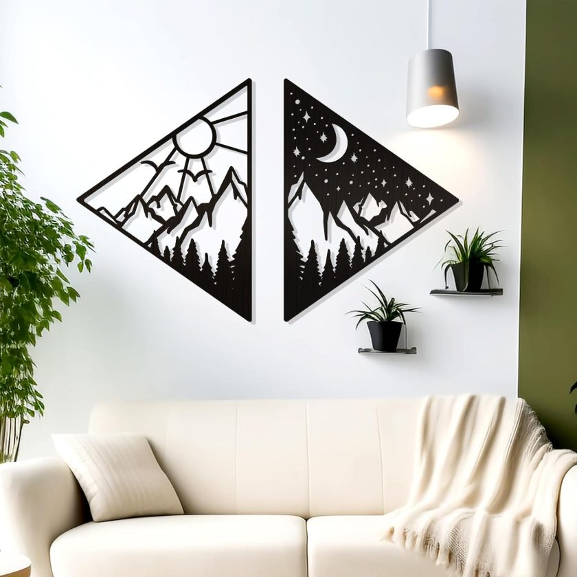 2 PCS Sun and Moon Wall Art Natural Wall Decor Day and Night Wall Decor Mountain and Forest Wall Hanging Decor Farmhouse Wall Sculpture for Living Room Bedroom Kitchen (Farmhouse, triangle)