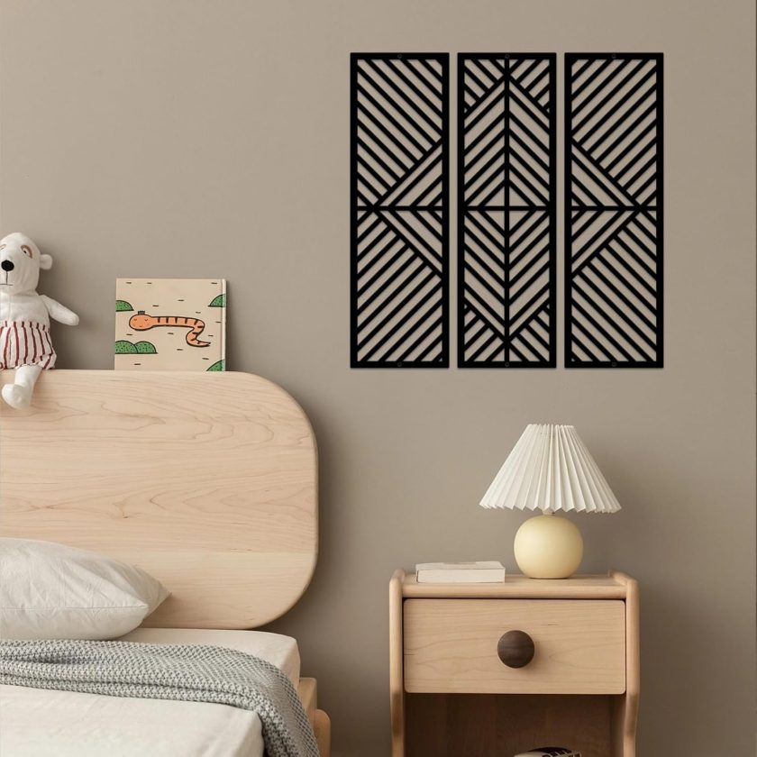 3 Pcs Geometric Home Metal Wall Decor Vertical Abstract Minimalist Modern Black Wall Art Slatted Design Wall Hanging Sculpture for Living Room Bedroom Bathroom Office, 22 x 22 Inch - Image 2