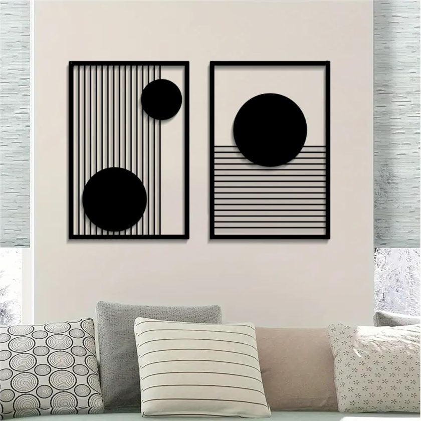 Large 2 Pcs Abstract Metal Wall Art,Black Modern Geometric Wall Decor Hanging,Minimalist Single Line Art Wall Décor Sculptures, Living Room Bedroom Bathroom Office Farmhouse Decoration