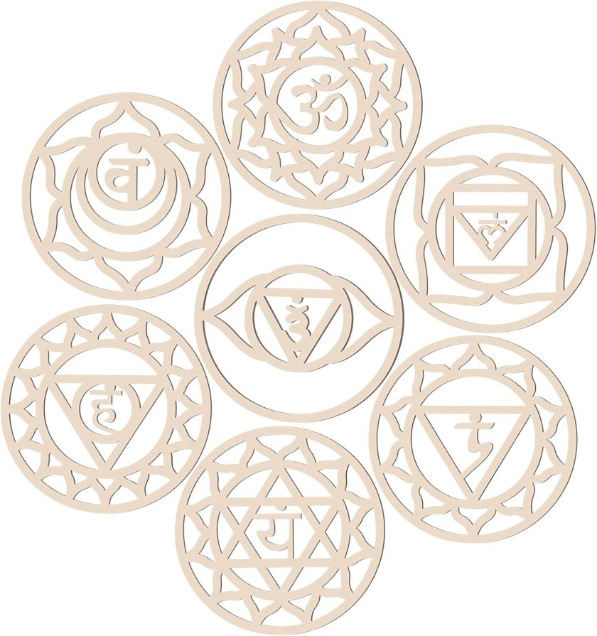7 Pack Sacred Geometric Wall Art Wooden Chakra Wall Art Crystal Grid Board Yoga Decor Hindu Meditation Spiritual Decor for Bedroom Geometric Hanging Sculpture Home, 5.9 x 5.9 Inch