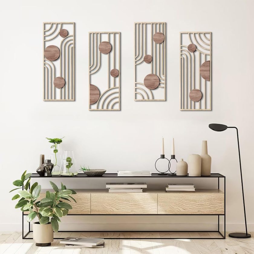 Set of 3 Modern Wood Wall Art Panels, Boho Geometric Design, 11.4 x 7 inches, Indoor Decor for Living Room, Office (6.2L''x15.7W''*4Pcs) - Image 2