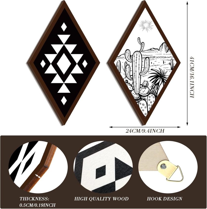 4 Pieces Aztec Wall Decor Farmhouse Home Wall Decor Western Boho Wall Art Wooden Aztec Diamond Sign Cactus Wood Geometric Diamond Frame Wall Hanging(9.4 x 16.1 Inch) - Image 2