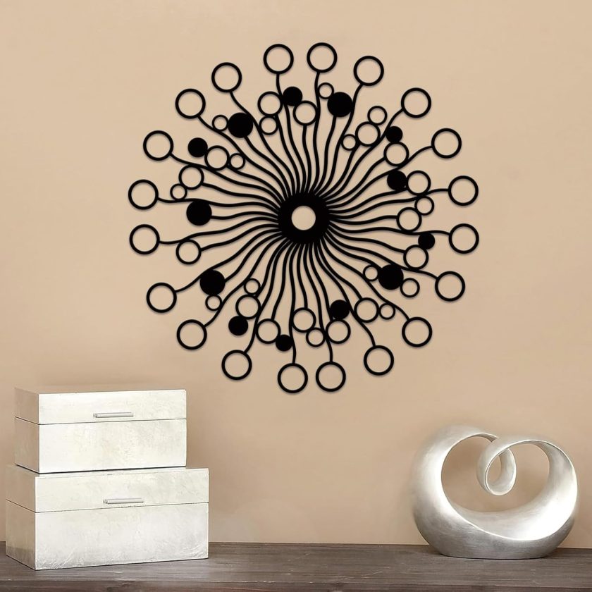Metal Sunburst Wall Decor Wire Wall Sculpture with Round Shaped Accents,Modern Minimalism Home Wall Art Hanging for Living Room Bedroom Office Entryway
