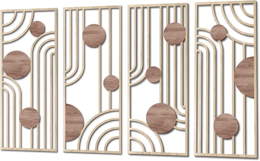 Set of 3 Modern Wood Wall Art Panels, Boho Geometric Design, 11.4 x 7 inches, Indoor Decor for Living Room, Office (6.2L''x15.7W''*4Pcs)