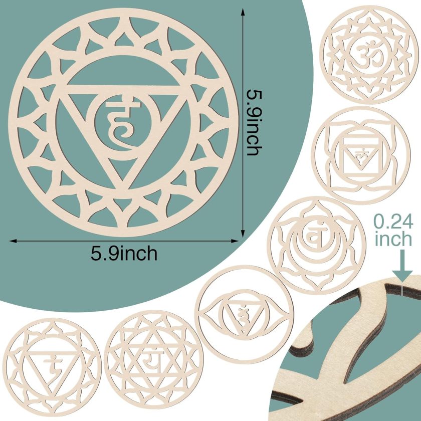 7 Pack Sacred Geometric Wall Art Wooden Chakra Wall Art Crystal Grid Board Yoga Decor Hindu Meditation Spiritual Decor for Bedroom Geometric Hanging Sculpture Home, 5.9 x 5.9 Inch - Image 2
