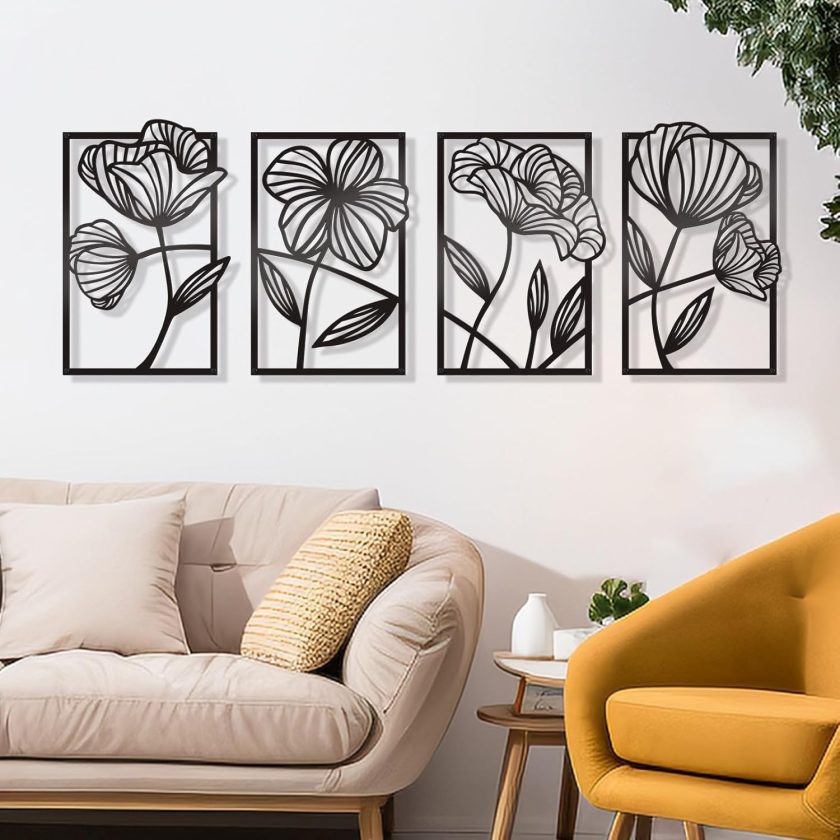 4 Pcs Black Metal Wall Art Metal Flowers Wall Art Black Minimalist Line Art Wall Decor Room Decor Aesthetic Modern House Decor for Living Room Bedroom Bathroom Kitchen (Elegant)