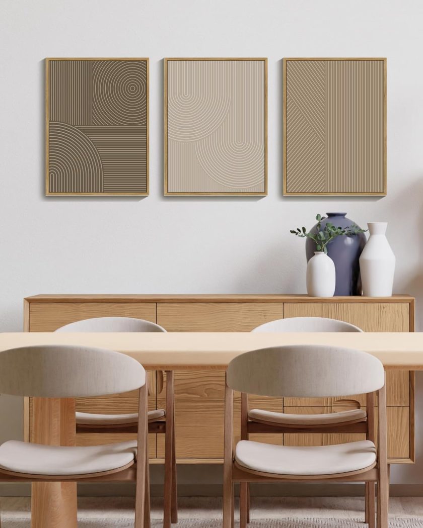Minimalist Abstract Framed Wall Art Modern Boho Neutral Line Wall Decor Geometric Artwork Kitchen Dining Room 11x14in Natural Framed - Image 2