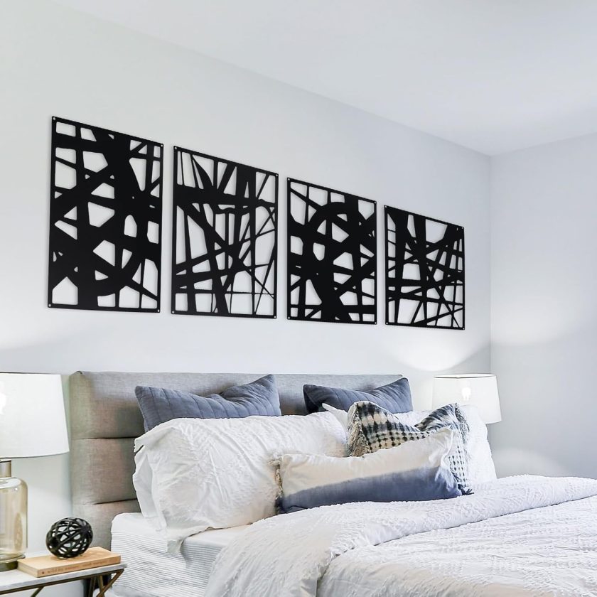 Decorative Metal Panels, Set of 4, 10.98" x 15.94", Modern Geometric Design, Black Metal Wall Art, Room Dividers, Architectural Elements for Home and Office Décor