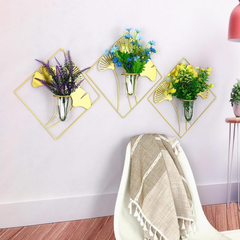 3 PCS Gold Wall Decor Geometric Metal Wall Art Metal Hanging Vase Decor Hanging Plant Wall Planter Propagation Glass Tube for Flowers (3, Gold) - Image 2
