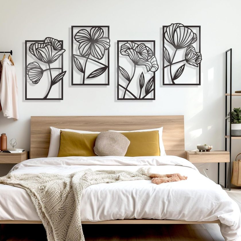4 Pcs Black Metal Wall Art Metal Flowers Wall Art Black Minimalist Line Art Wall Decor Room Decor Aesthetic Modern House Decor for Living Room Bedroom Bathroom Kitchen (Elegant) - Image 2