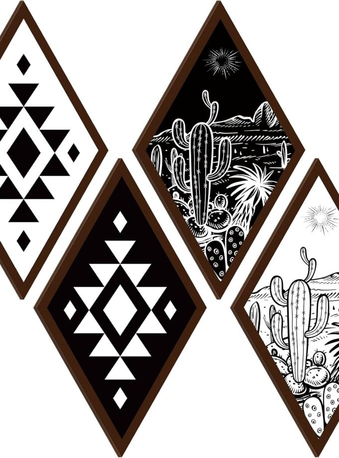 4 Pieces Aztec Wall Decor Farmhouse Home Wall Decor Western Boho Wall Art Wooden Aztec Diamond Sign Cactus Wood Geometric Diamond Frame Wall Hanging(9.4 x 16.1 Inch)