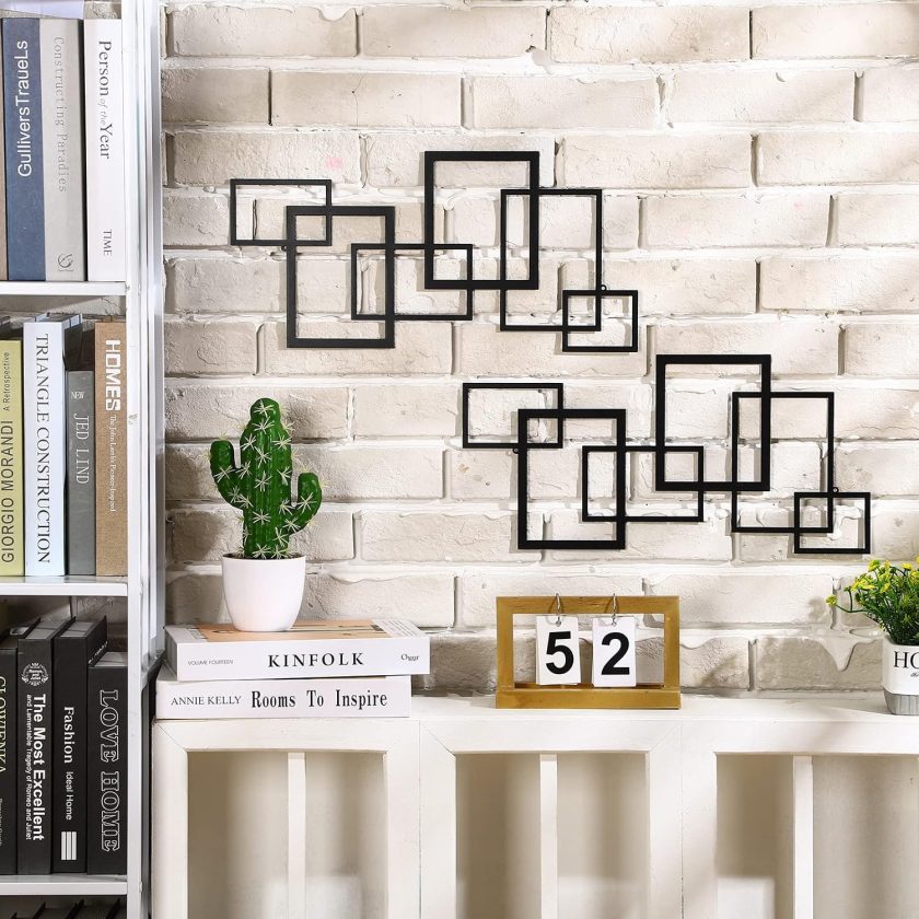 2 Pcs Modern Geometric Metal Wall Art Minimalist Vertical Sculptures Wall Art Abstract Metal Decorations Wall Hanging Black Square Sign for Living Room Indoor Outdoor Bedroom Office - Image 2