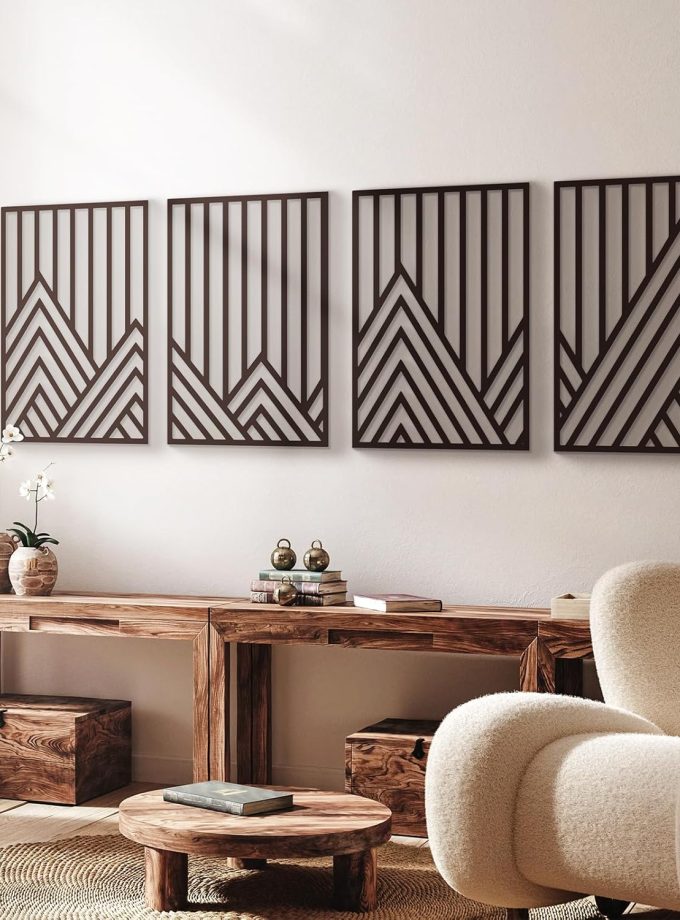 4 Pcs Black Abstract Mountain Line Metal Wall Art, 17 x 12'' Minimalist Décor Single Line Art Wall Décor, 3D Textured Sculptures, Decorative Forest Nature Abstract Line Minimalist Wall Décor Hanging for Living Room Bedroom Bathroom Study(Black, M Size 17 x 12'')