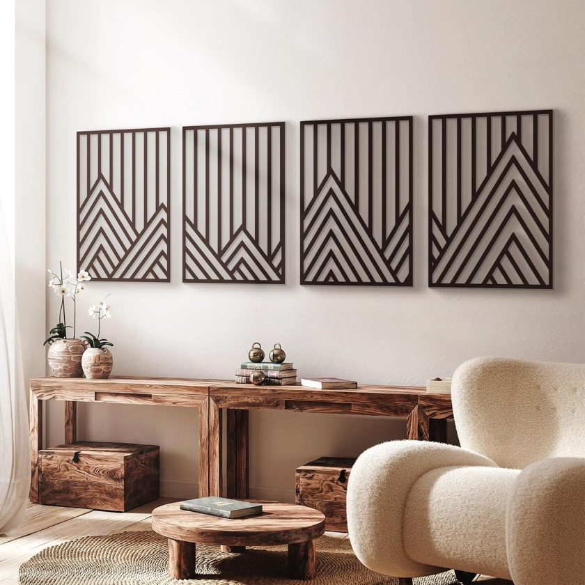 4 Pcs Black Abstract Mountain Line Metal Wall Art, 17 x 12'' Minimalist Décor Single Line Art Wall Décor, 3D Textured Sculptures, Decorative Forest Nature Abstract Line Minimalist Wall Décor Hanging for Living Room Bedroom Bathroom Study(Black, M Size 17 x 12'')