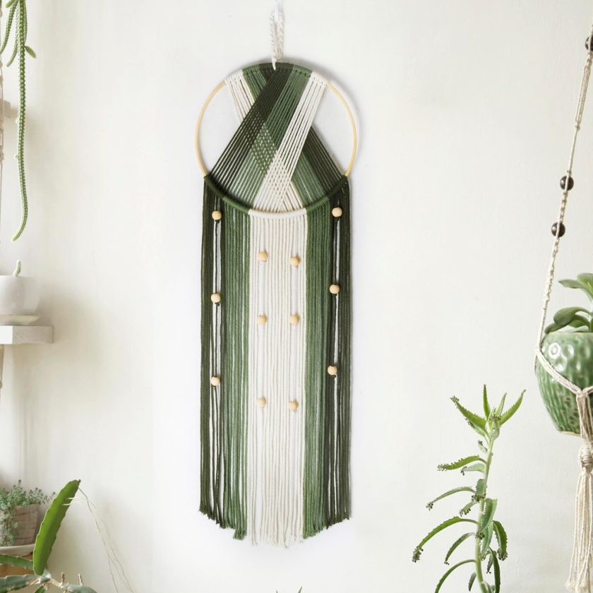 Boho Macrame Wall Hanging - Green and Beige Handmade Cotton Woven Decor, Modern Geometric Bohemian Tapestry Wall Decor for Bedroom Living Room Home (31.5"x9.84") Nature-Inspired Room Decor