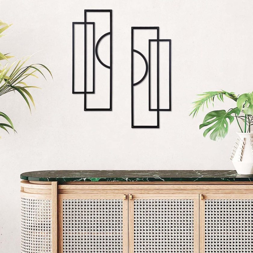 Black Metal Wall Decor Modern Abstract Minimalist Geometric Aesthetic Wall Art for Living Room Bedroom Decorations - 2 Pcs (Simple-4)