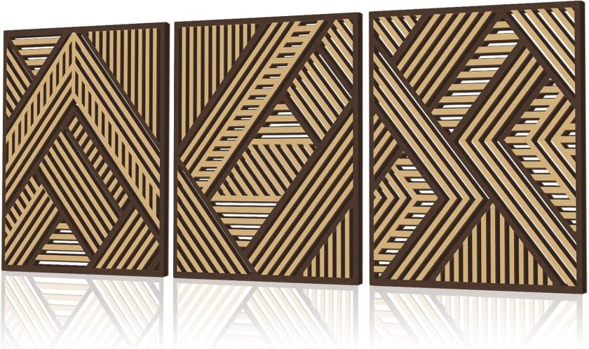 3 Pcs Geometric Wood Wall Art Decor, Modern Slatted Wood Design Wall Sculpture Panels with 3D Hollow Craft Art, Boho Abstract Decor for Living Room Bedroom Bathroom Home Office Kitchen