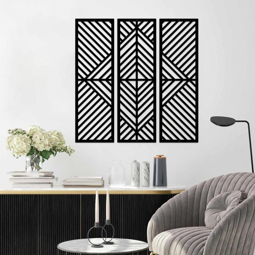 3 Pcs Geometric Home Metal Wall Decor Vertical Abstract Minimalist Modern Black Wall Art Slatted Design Wall Hanging Sculpture for Living Room Bedroom Bathroom Office, 22 x 22 Inch