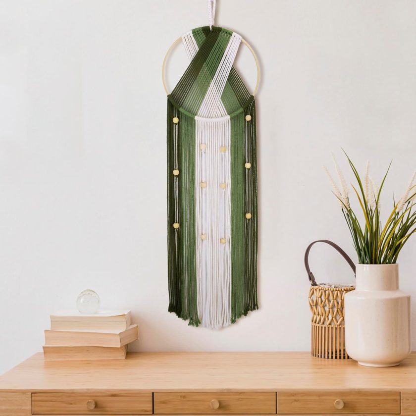 Boho Macrame Wall Hanging - Green and Beige Handmade Cotton Woven Decor, Modern Geometric Bohemian Tapestry Wall Decor for Bedroom Living Room Home (31.5"x9.84") Nature-Inspired Room Decor - Image 2