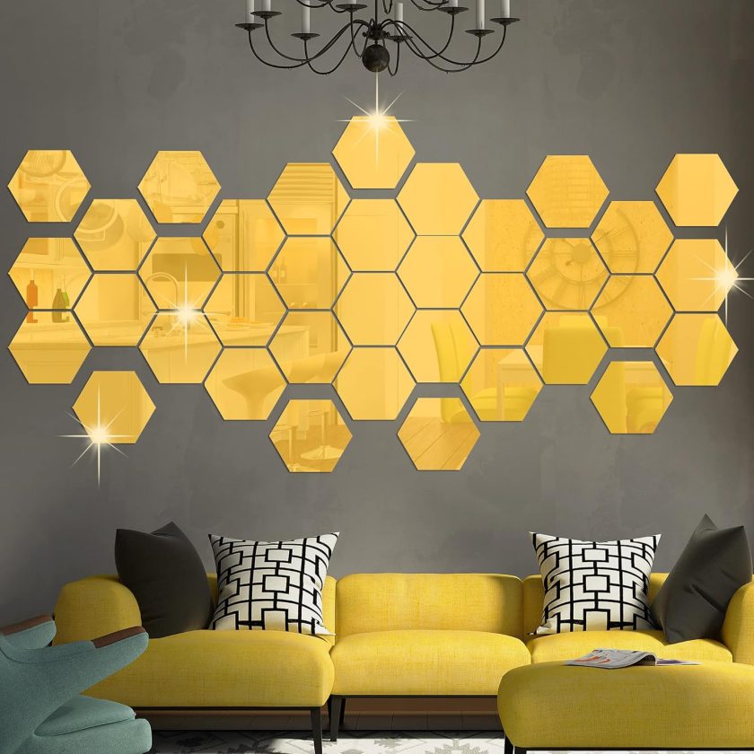 PCS Acrylic Mirror Wall Stickers Hexagon Mirror Wall Decals DIY Removable 3D Geometric Hexagon Mirror Art Setting Wall Decor for Bedroom Living Room Office Kitchen Home Decoration (Gold)