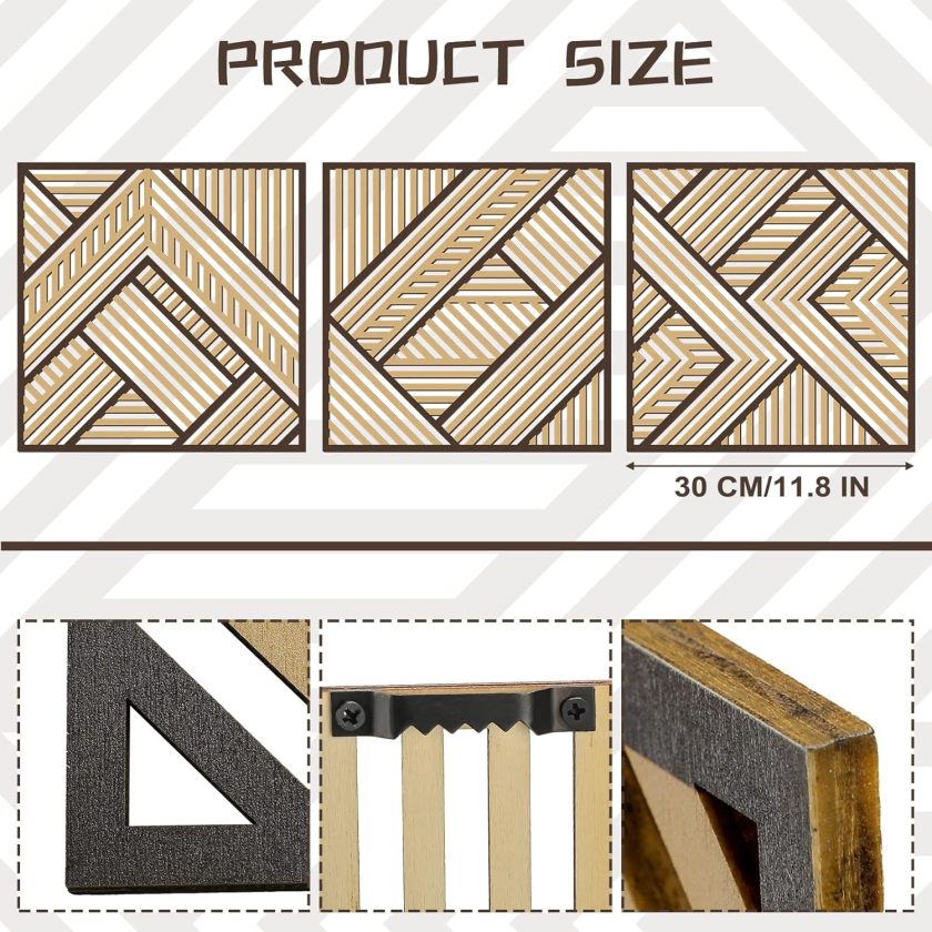 3 Pcs Geometric Wood Wall Art Decor, Modern Slatted Wood Design Wall Sculpture Panels with 3D Hollow Craft Art, Boho Abstract Decor for Living Room Bedroom Bathroom Home Office Kitchen - Image 2