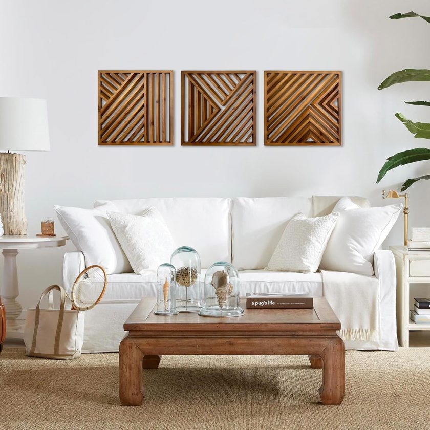 Wooden Geometric Home Wall Decor Slatted Wood Design Wall Sculpture，Set of 3 Wood Wall Art decorate，Boho Bathroom Bedroom Living Room rustic Home Decoration - Image 2
