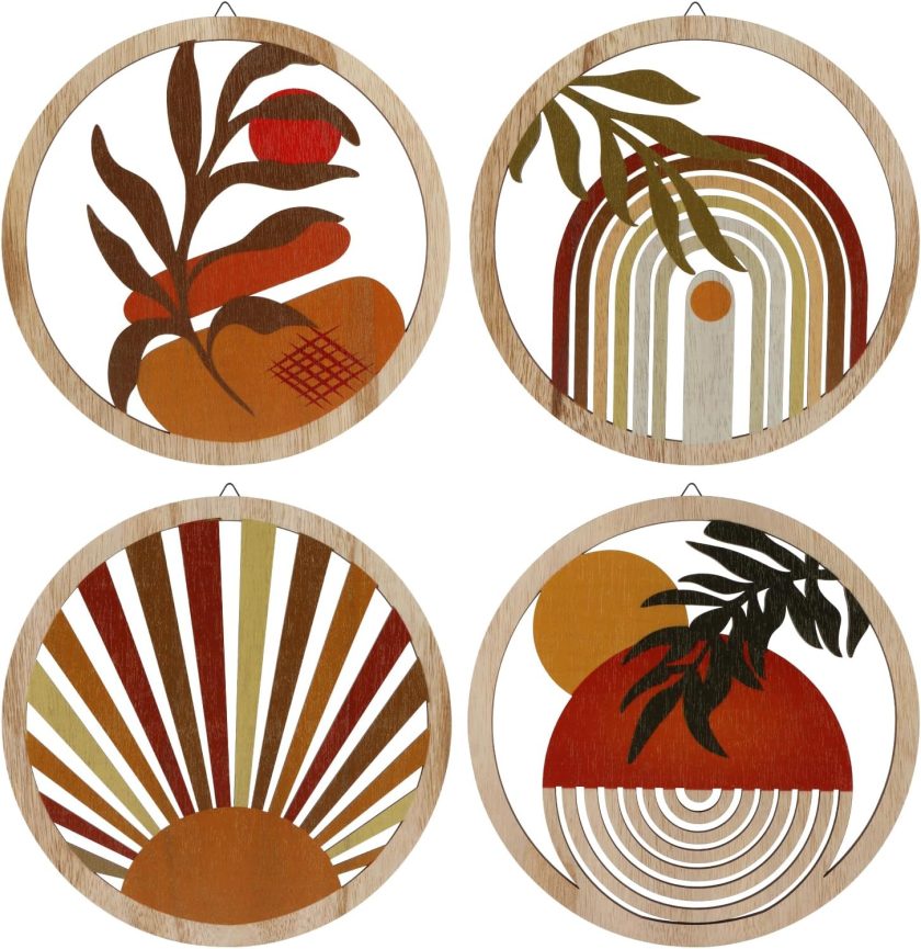 4 Pcs Wooden Boho Wall Art Decor, Bohemian Wall Hanging Art Decor, Decors Farmhouse Geometric Hanging, 10 Inch Aesthetic Minimalist Wood Art for Apartment Bedroom